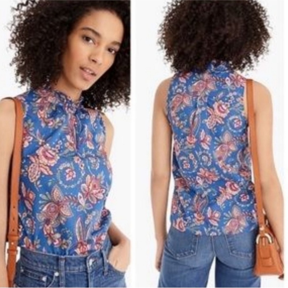 J. Crew Blue Floral Sleeveless Tie-Neck Blouse